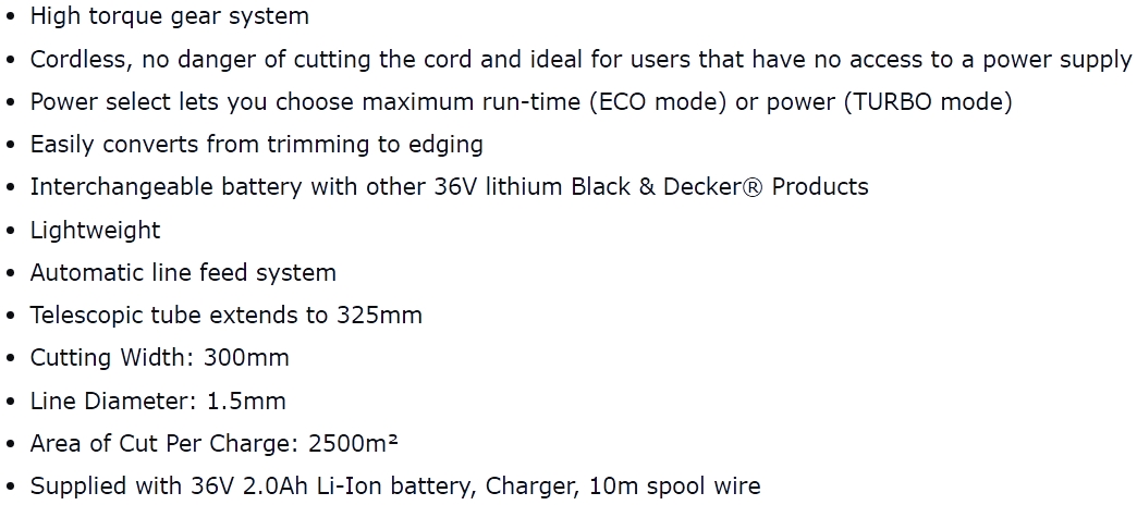 חרמש גוזם דשא מקצועי נטען 36V בלק אנד דקר BLACK & DECKER GLC3630L20 TEXT